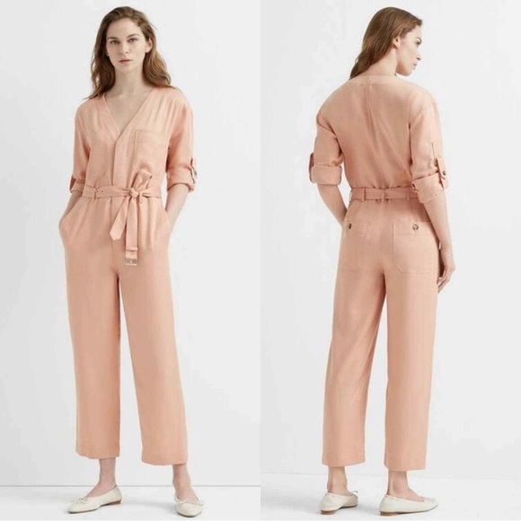 Club Monaco Women's Peach Utility Belted Jumpsuit Size 6 Long Sleeve Casual - Picture 1 of 14